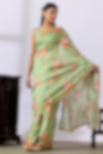 Pista Green Chanderi Printed & Embroidered Pre-Stitched Saree Set by Abbaran