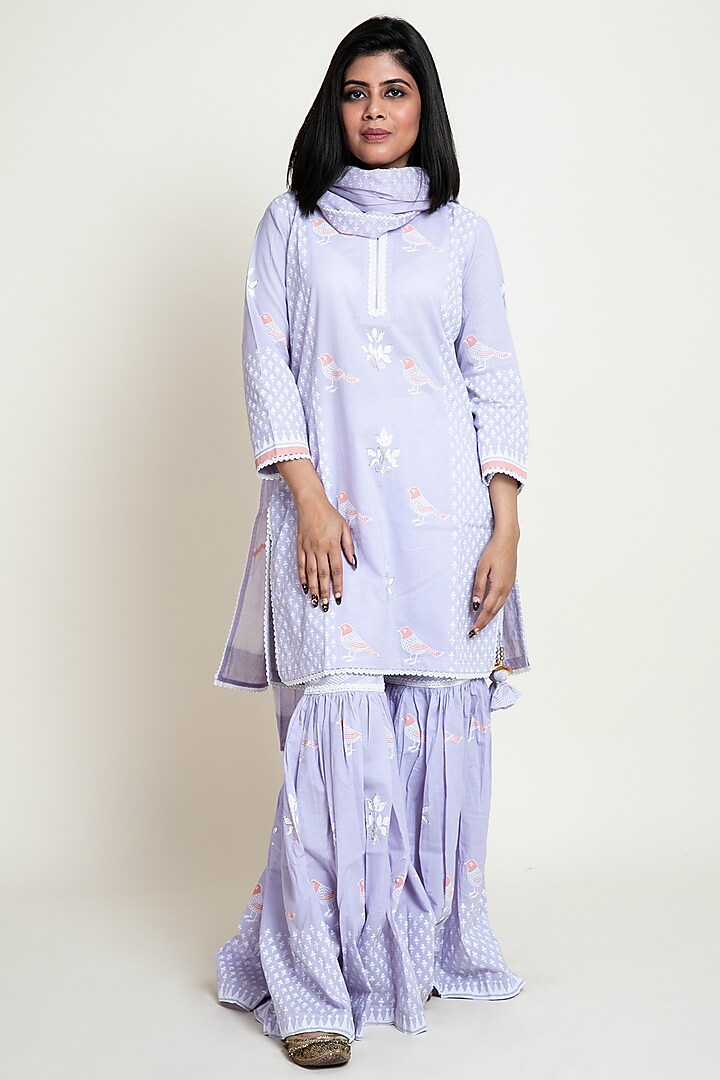 Lilac Cotton Cambric Printed Gharara Set by Abbaran