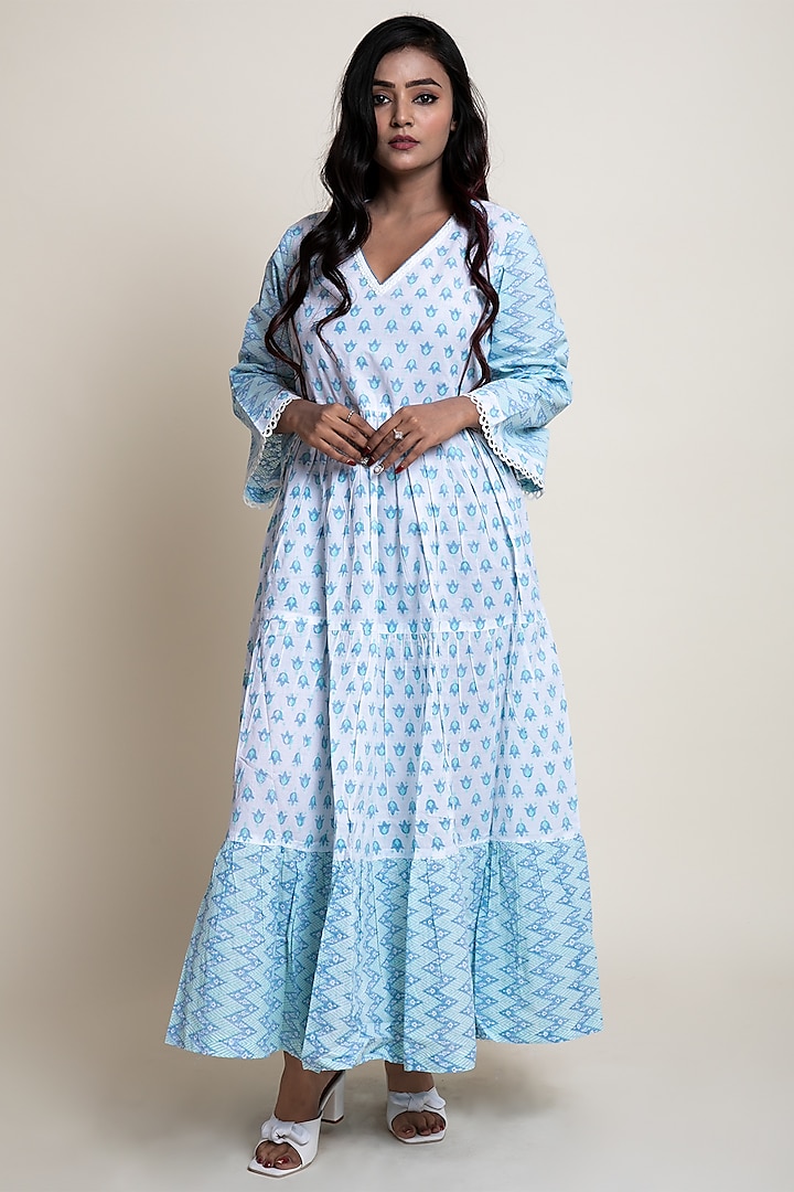 White & Blue Block Printed Maxi Dress by Abbaran