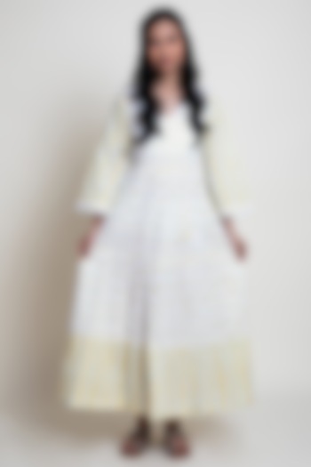 White & Yellow Block Printed Maxi Dress by Abbaran