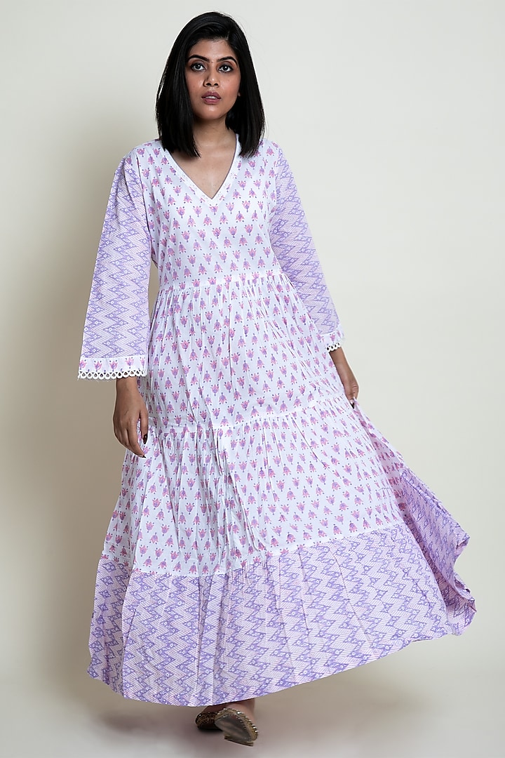 White & Lilac Block Printed Maxi Dress by Abbaran