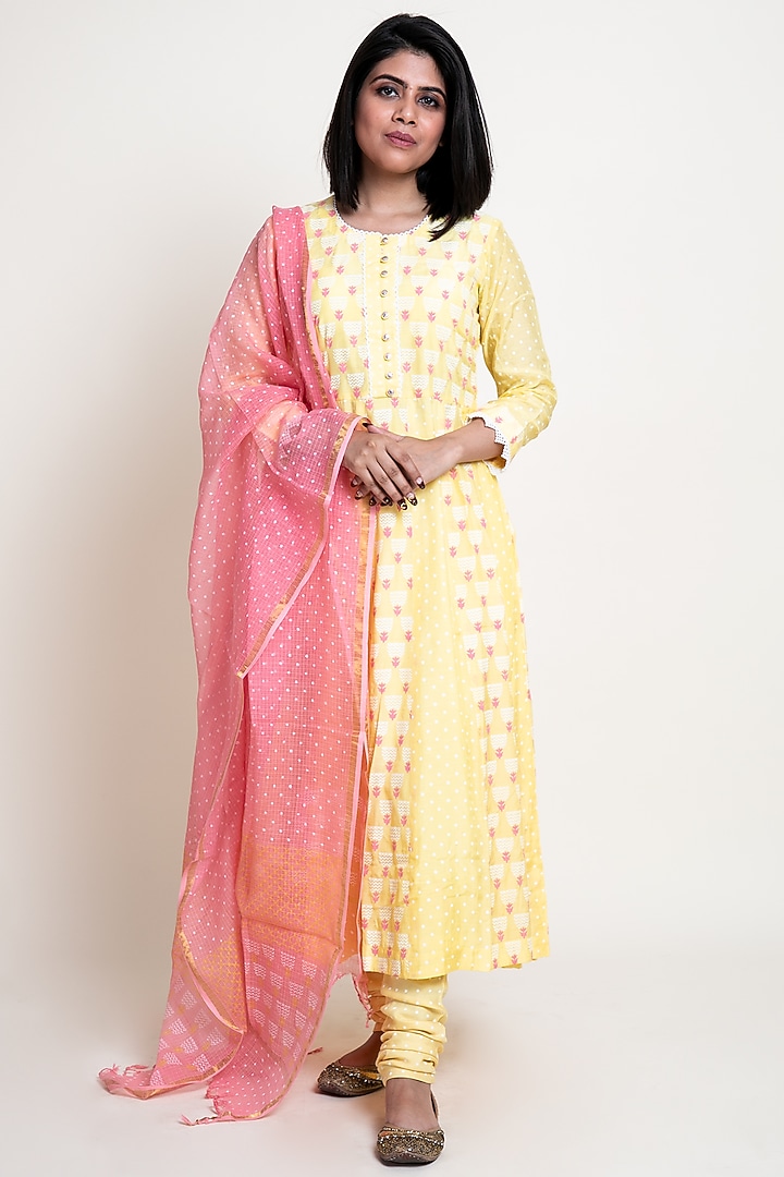 Yellow Cotton Silk Anarkali Set by Abbaran at Pernia's Pop Up Shop