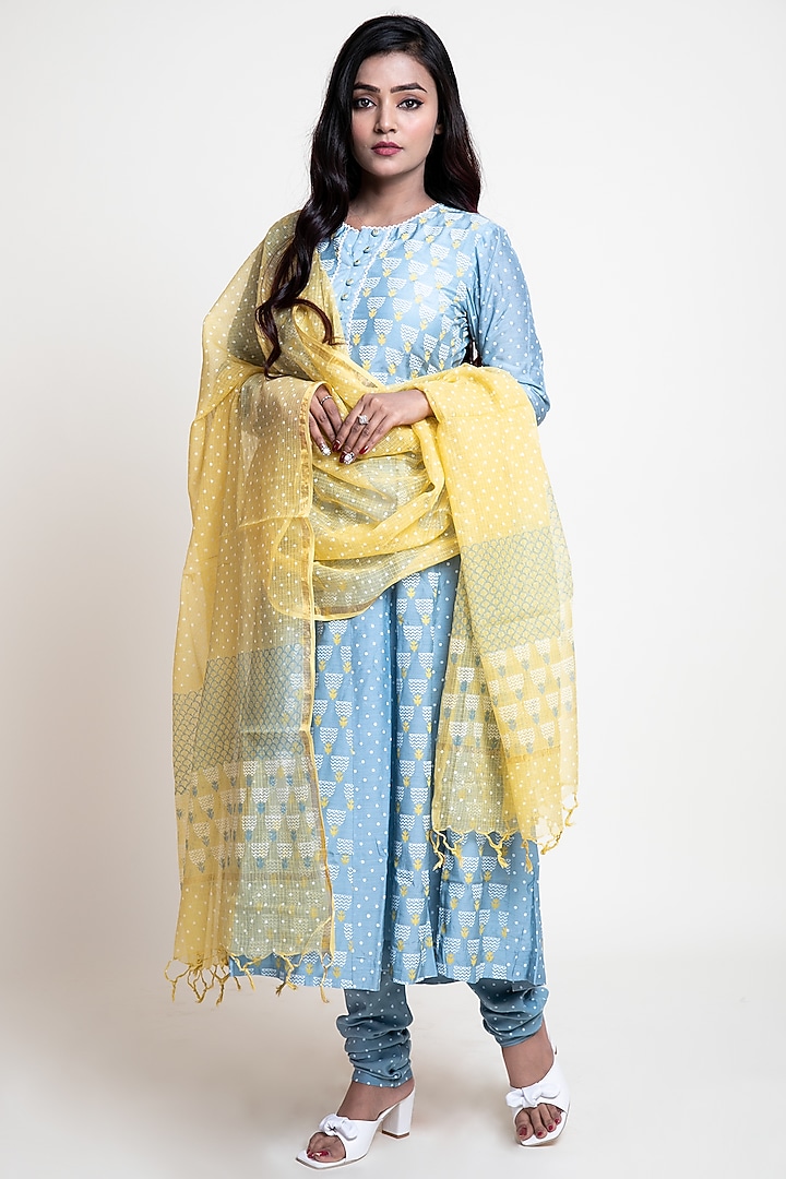 Powder Blue Cotton Silk Printed Anarkali Set by Abbaran at Pernia's Pop Up Shop