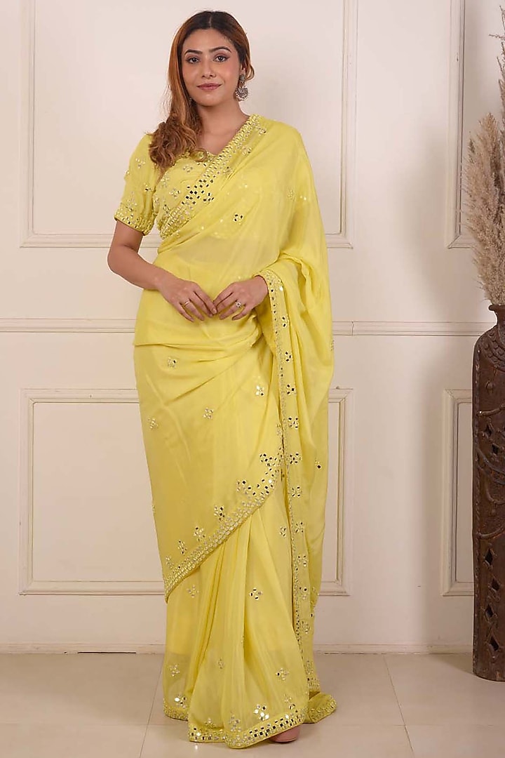 Yellow Chiffon Embroidered Saree Set by Abbaran