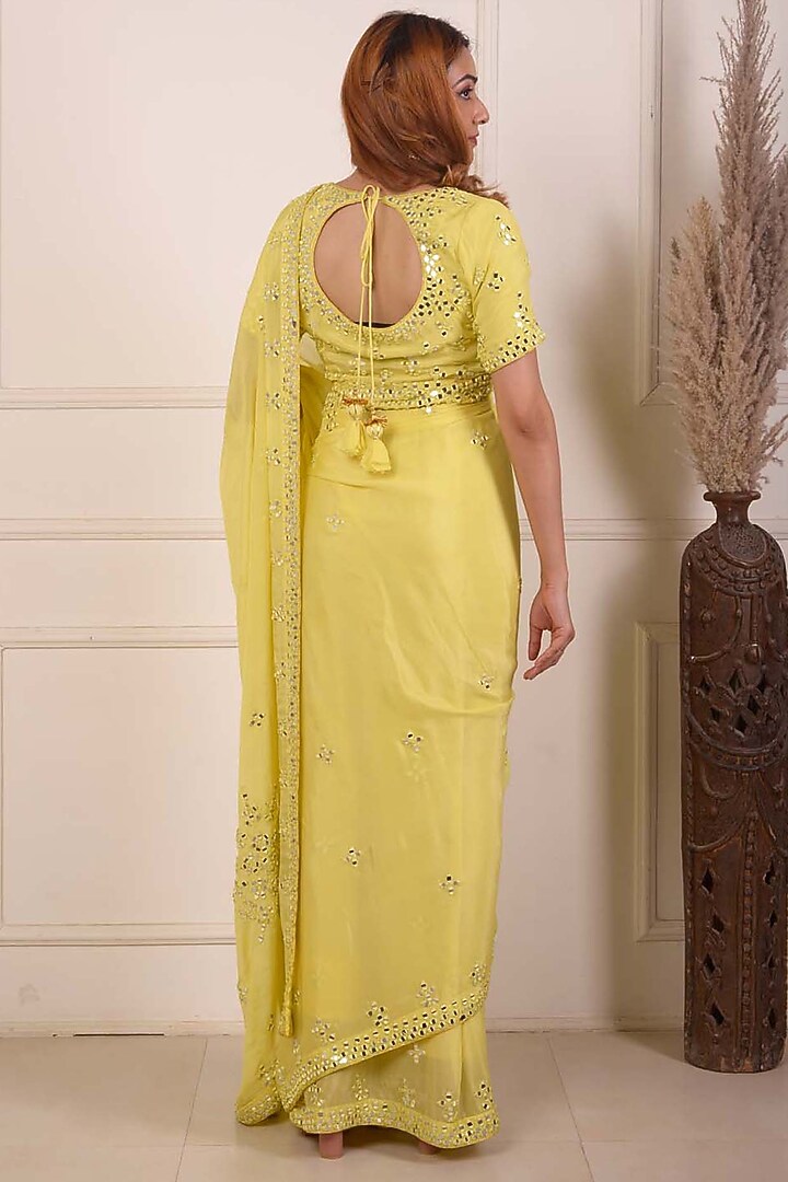 Yellow Chiffon Embroidered Party Wear Saree Set by Abbaran at Pernia's Pop Up Shop