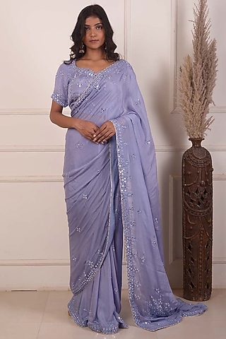 Powder Blue Chiffon Embroidered Saree Set by Abbaran
