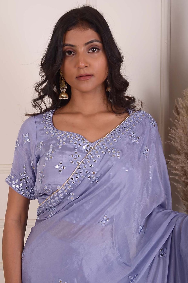 Powder Blue Chiffon Embroidered Party Wear Saree Set by Abbaran at Pernia's Pop Up Shop