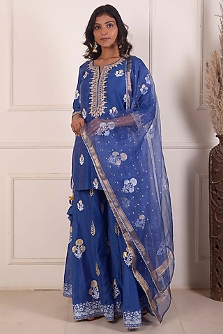 Navy Blue Chanderi Embroidered Gharara Set by Abbaran