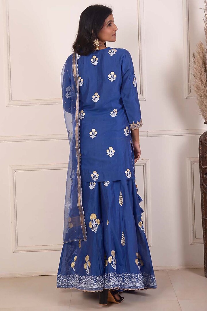 Navy Blue Chanderi Embroidered Gharara Set by Abbaran at Pernia's Pop Up Shop