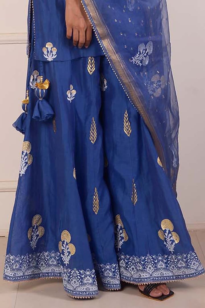 Navy Blue Chanderi Embroidered Gharara Set by Abbaran at Pernia's Pop Up Shop