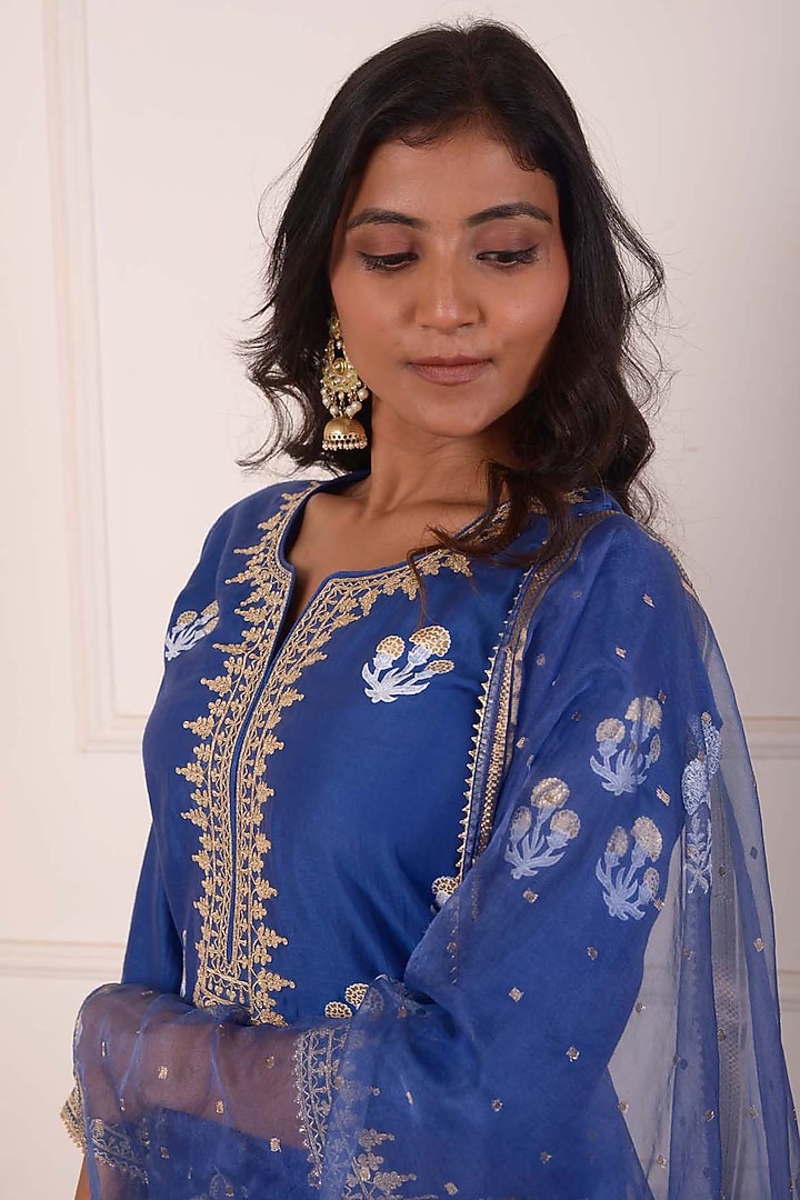 Navy Blue Chanderi Embroidered Gharara Set by Abbaran at Pernia's Pop Up Shop