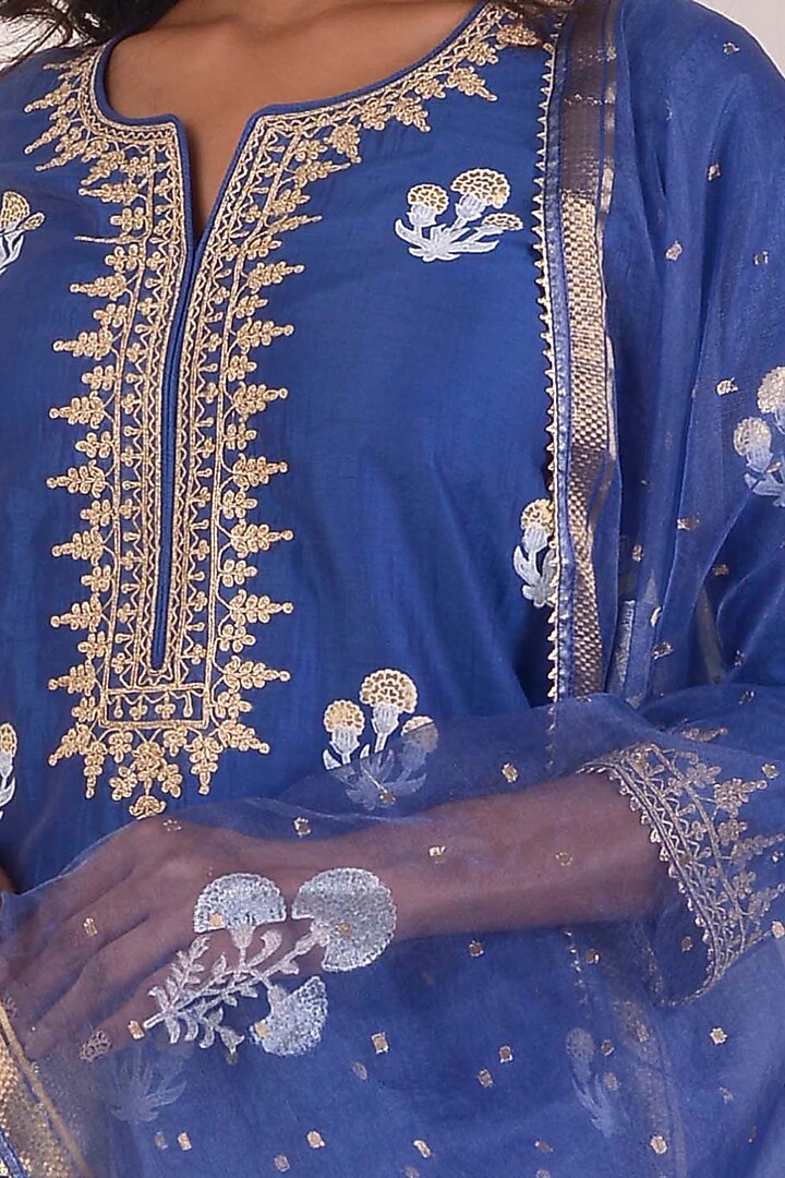 Navy Blue Chanderi Embroidered Gharara Set by Abbaran at Pernia's Pop Up Shop