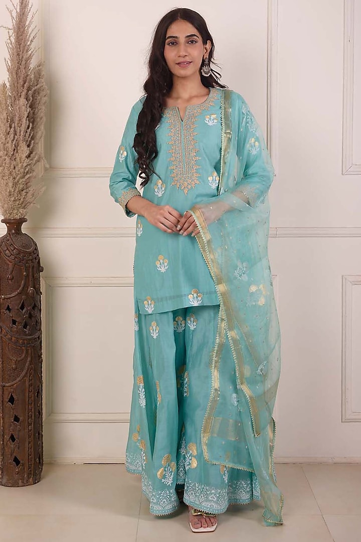 Turquoise Chanderi Embroidered Gharara Set by Abbaran