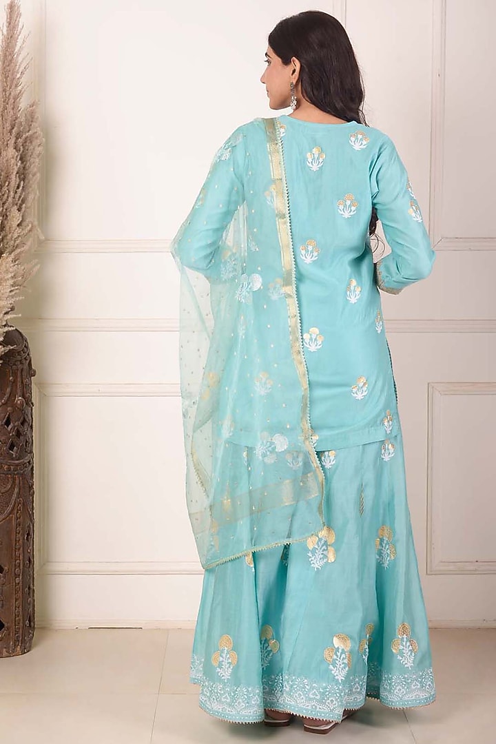 Turquoise Chanderi Embroidered Gharara Set by Abbaran at Pernia's Pop Up Shop