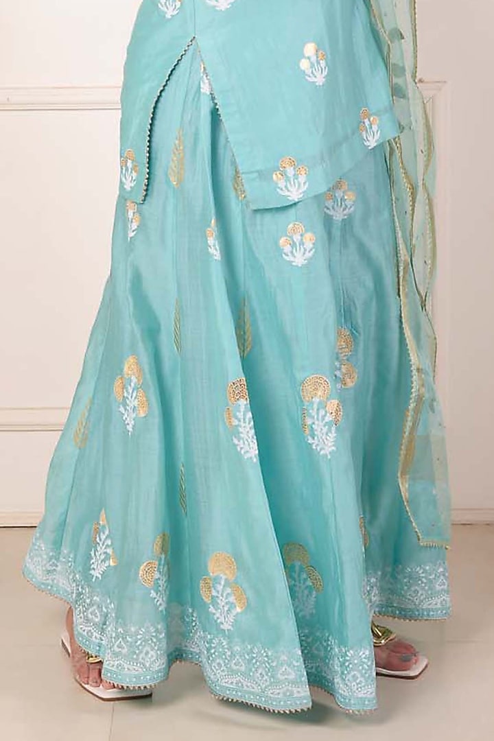 Turquoise Chanderi Embroidered Gharara Set by Abbaran at Pernia's Pop Up Shop