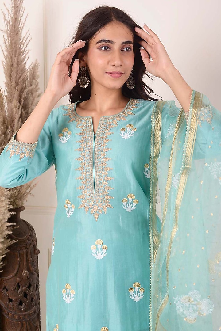 Turquoise Chanderi Embroidered Gharara Set by Abbaran at Pernia's Pop Up Shop
