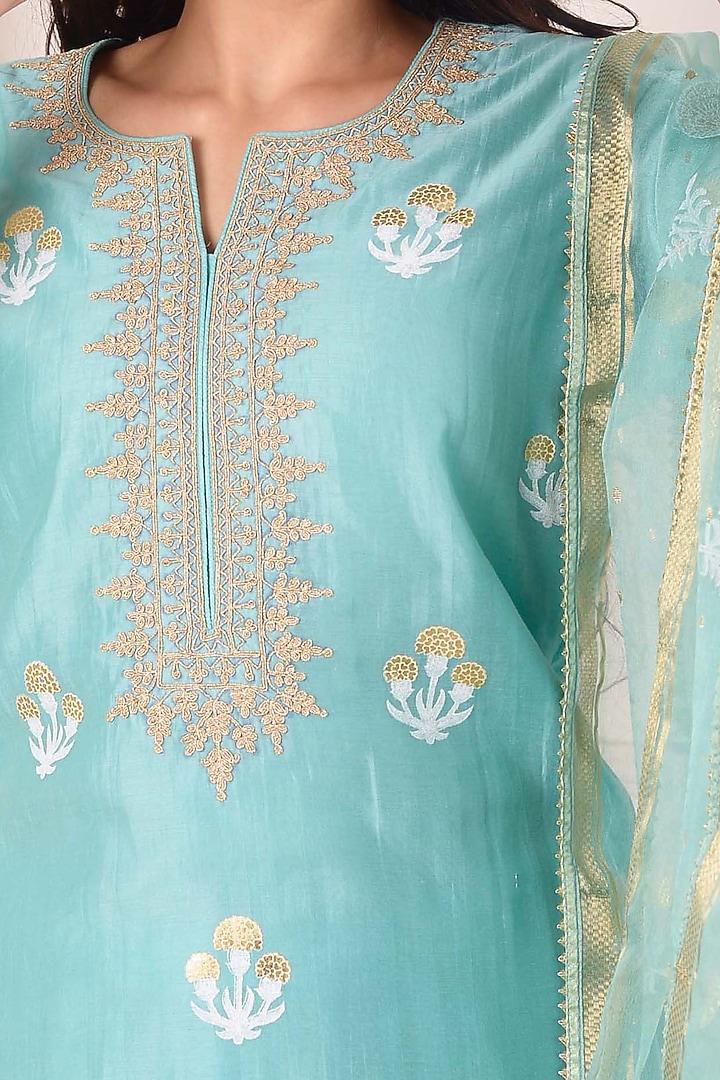 Turquoise Chanderi Embroidered Gharara Set by Abbaran at Pernia's Pop Up Shop