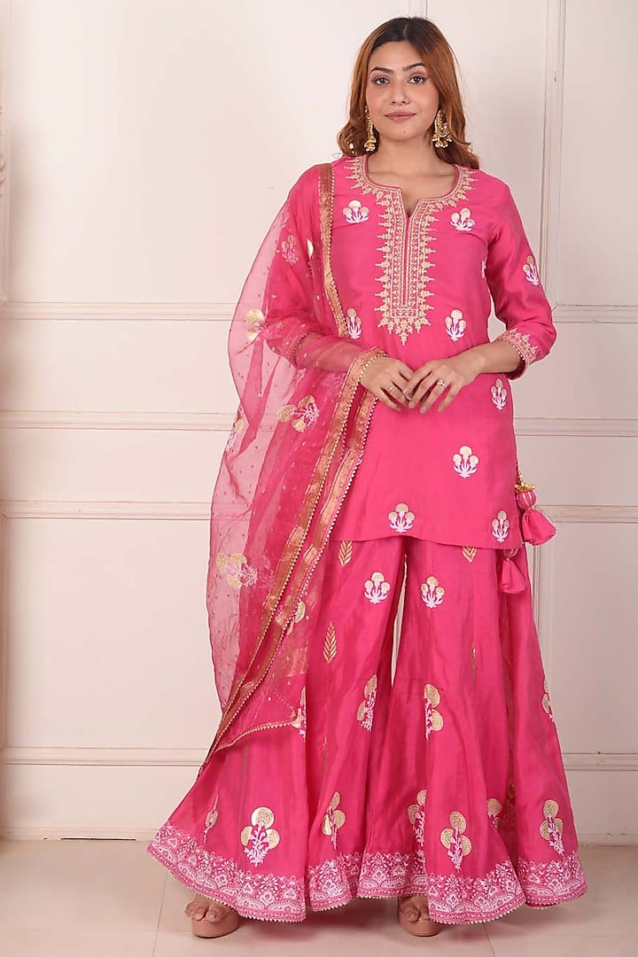Rani Pink Chanderi Embroidered Gharara Set by Abbaran