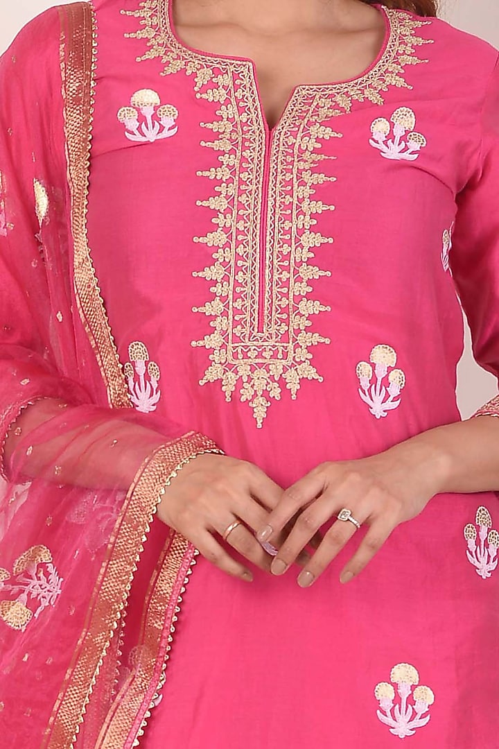 Rani Pink Chanderi Embroidered Gharara Set by Abbaran at Pernia's Pop Up Shop