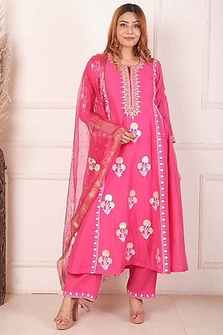 Rani Pink Chanderi Printed & Embroidered Anarkali Set by Abbaran