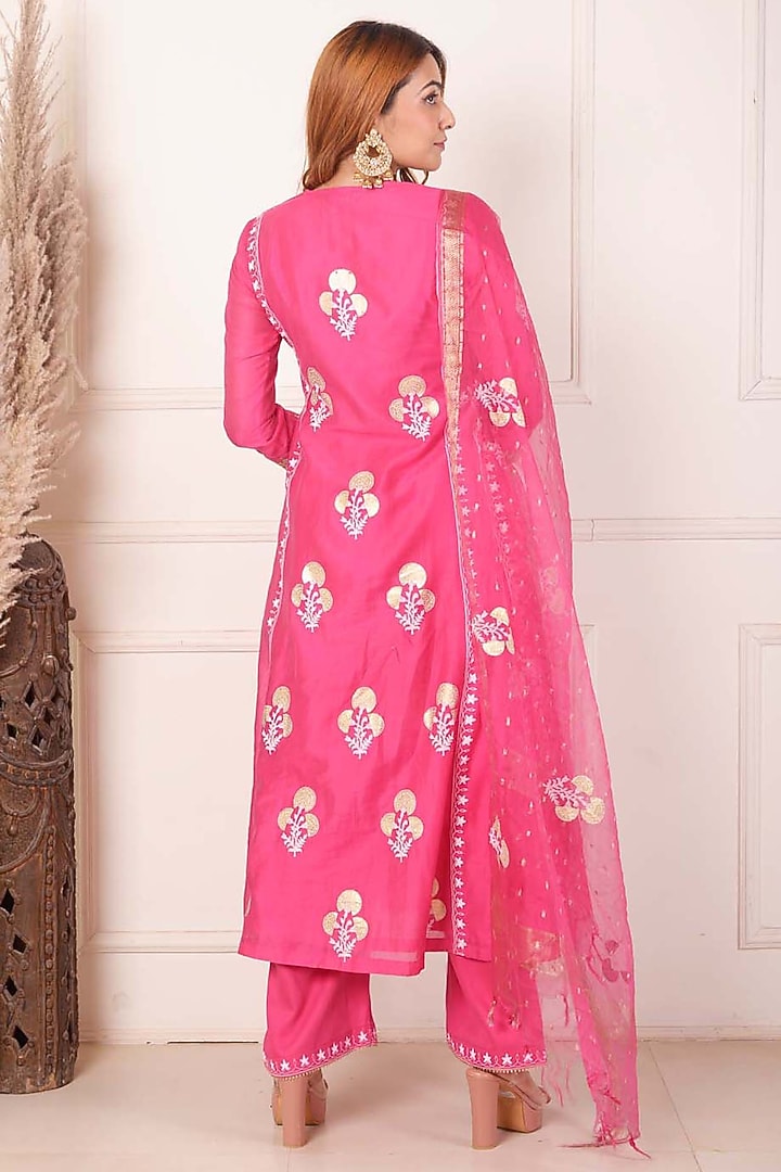 Rani Pink Chanderi Printed & Embroidered Anarkali Set by Abbaran at Pernia's Pop Up Shop