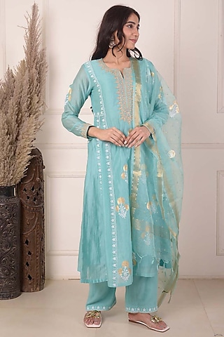 Aqua Chanderi Printed & Embroidered Anarkali Set by Abbaran