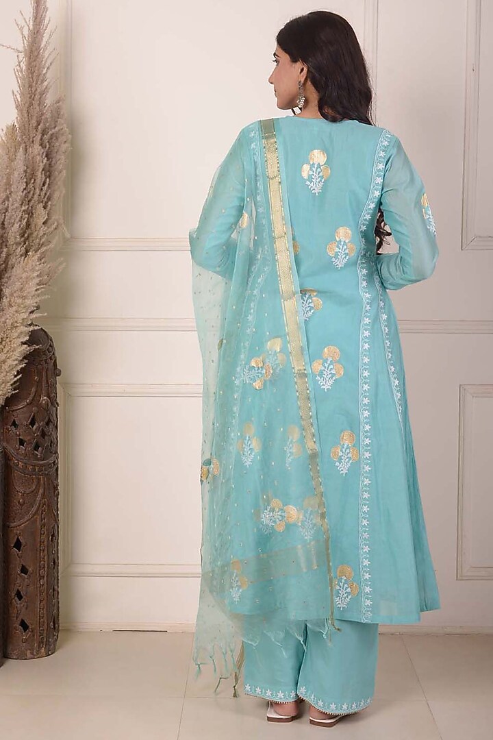 Aqua Chanderi Printed & Embroidered Anarkali Set by Abbaran at Pernia's Pop Up Shop
