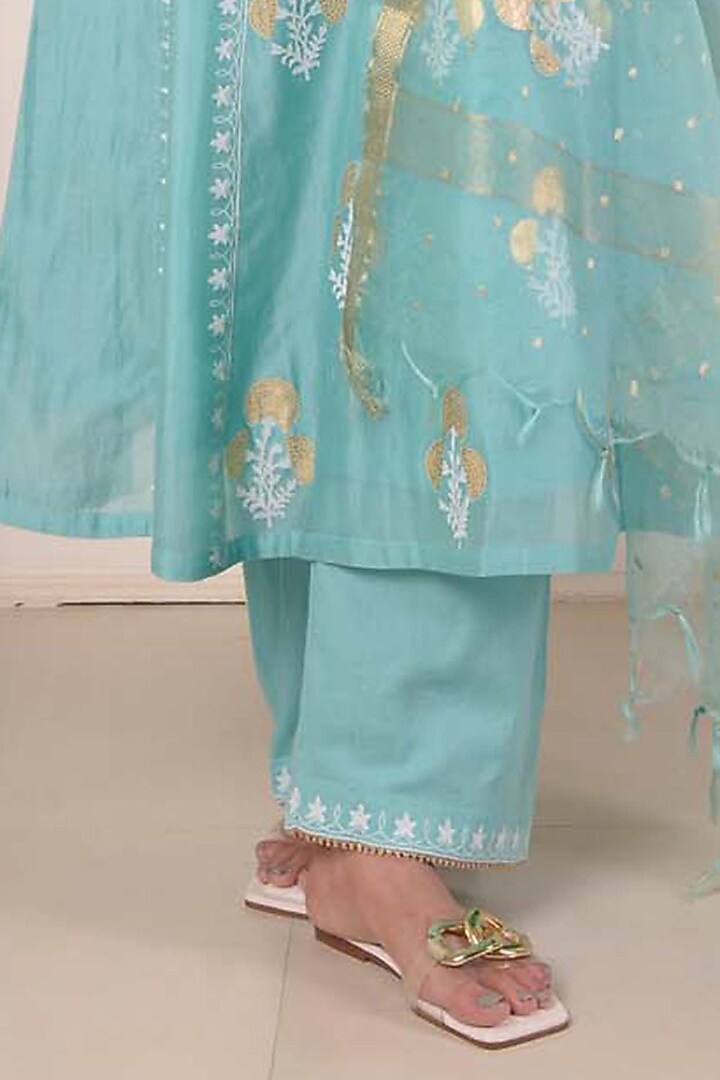 Aqua Chanderi Printed & Embroidered Anarkali Set by Abbaran at Pernia's Pop Up Shop