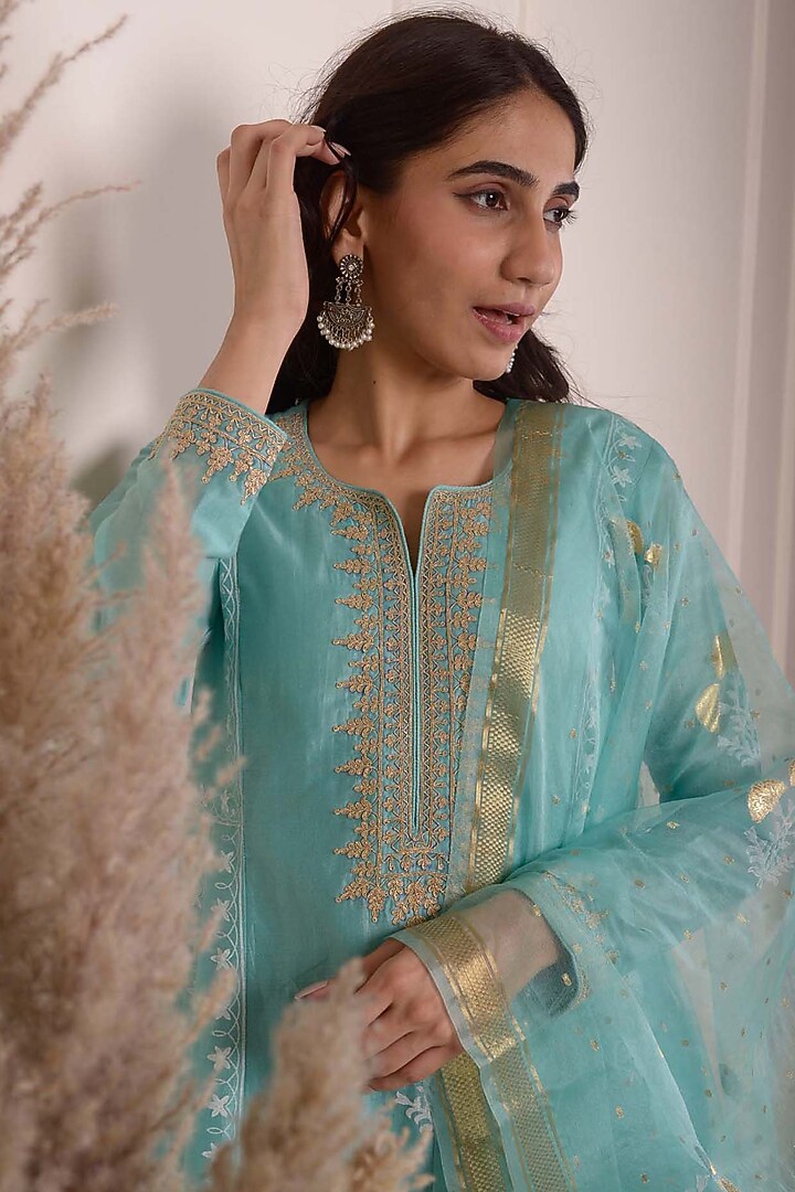 Aqua Chanderi Printed & Embroidered Anarkali Set by Abbaran at Pernia's Pop Up Shop