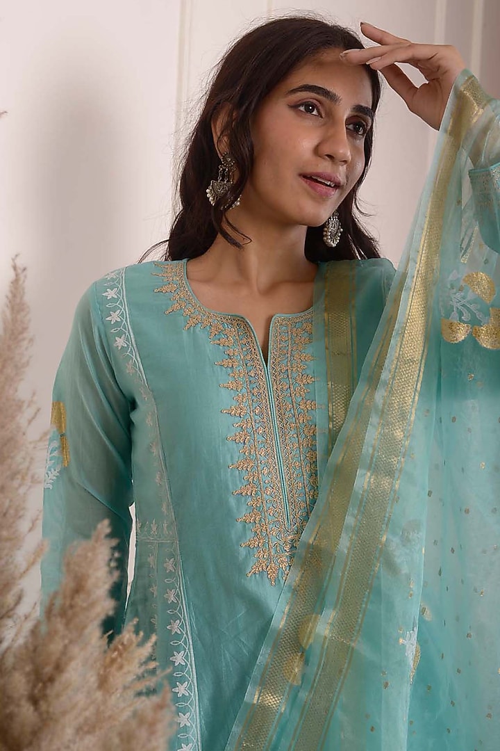 Aqua Chanderi Printed & Embroidered Anarkali Set by Abbaran at Pernia's Pop Up Shop