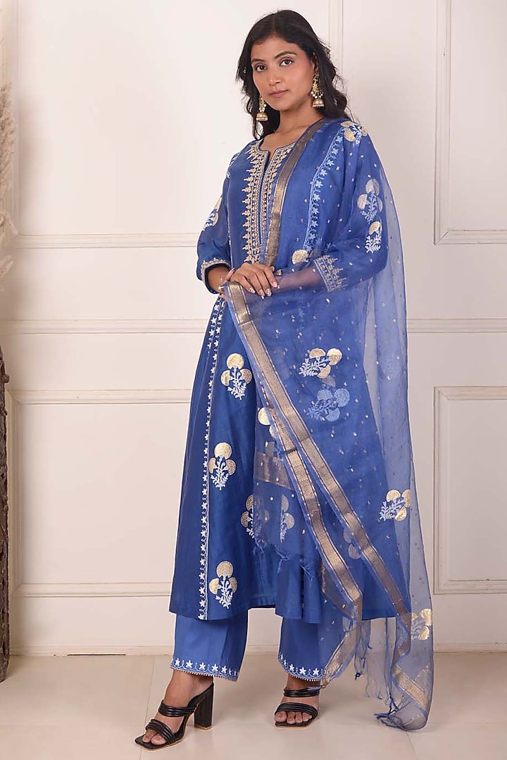 Blue Chanderi Printed & Embroidered Anarkali Set by Abbaran