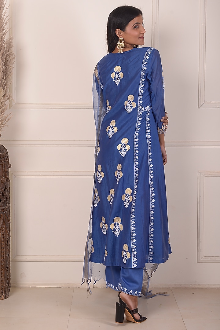 Blue Chanderi Printed & Embroidered Anarkali Set by Abbaran at Pernia's Pop Up Shop
