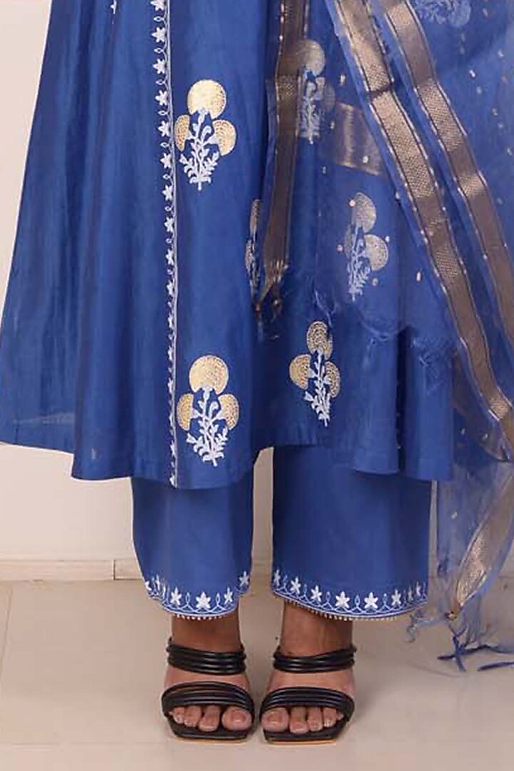 Blue Chanderi Printed & Embroidered Anarkali Set by Abbaran at Pernia's Pop Up Shop