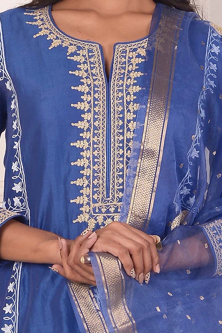 Blue Chanderi Printed & Embroidered Anarkali Set by Abbaran at Pernia's Pop Up Shop