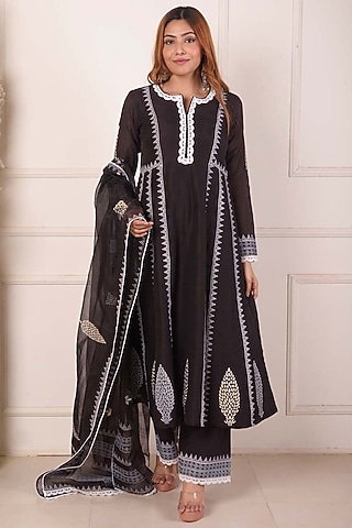 Black Chanderi Embroidered & Printed Anarkali Set by Abbaran