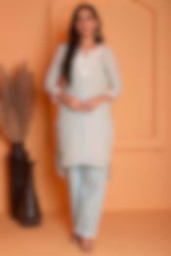 Ice Blue Linen Embroidered Kurta Set by Abbaran at Pernia's Pop Up Shop