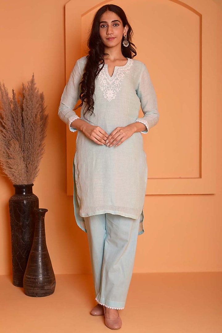 Ice Blue Linen Embroidered Kurta Set by Abbaran at Pernia's Pop Up Shop