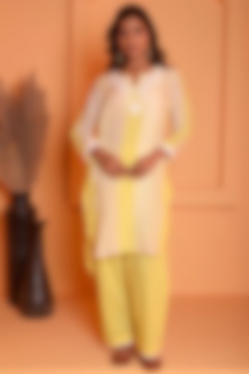Yellow Linen Embroidered Kurta Set by Abbaran at Pernia's Pop Up Shop