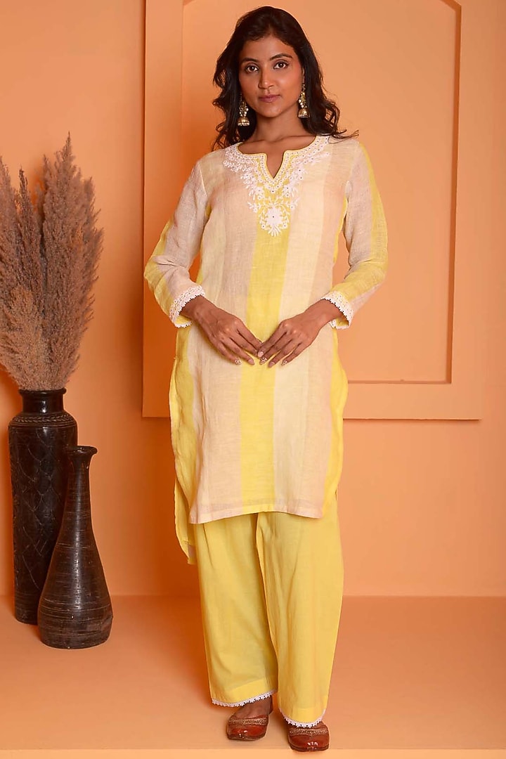Yellow Linen Embroidered Kurta Set by Abbaran at Pernia's Pop Up Shop