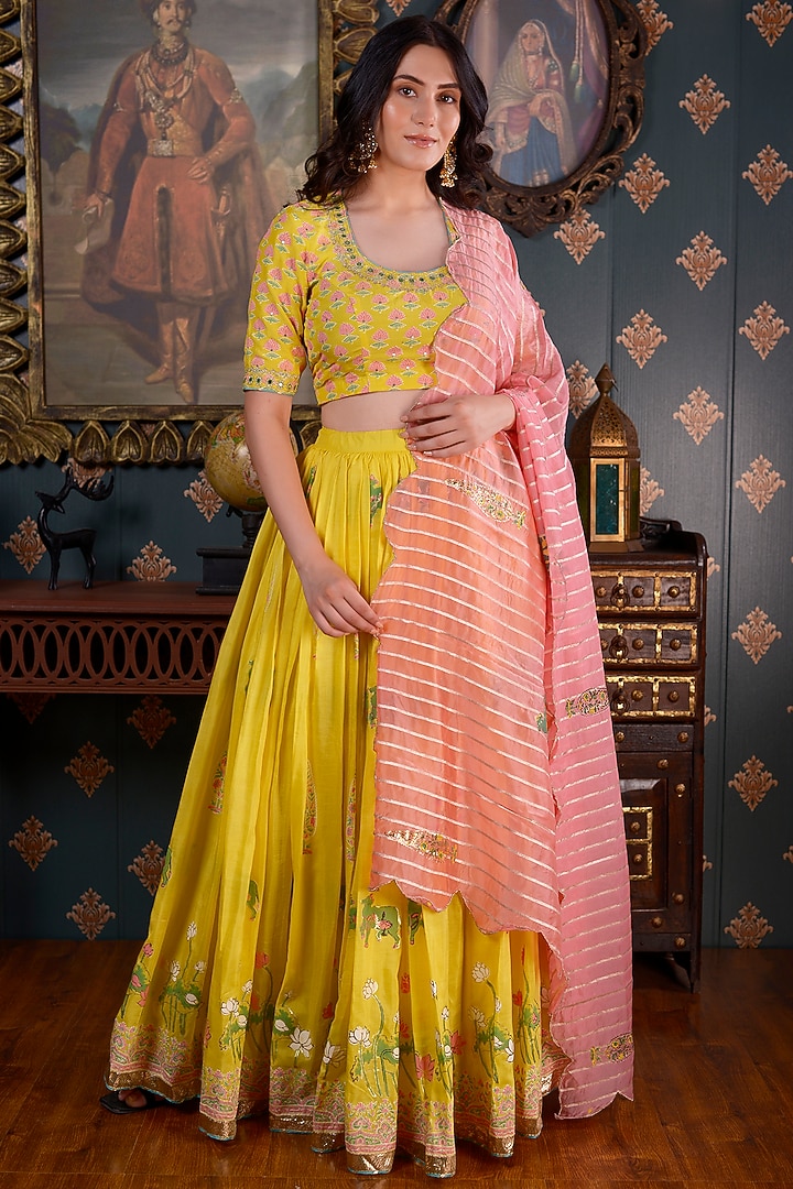 Lemon Yellow Gota Embroidered Lehenga Set by Abbaran at Pernia's Pop Up Shop