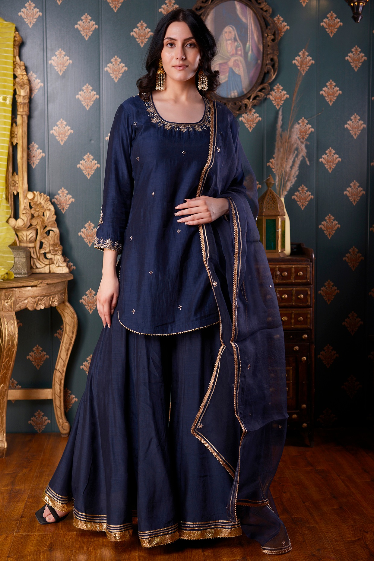 Navy Blue Cotton Silk Gharara Set Design by Abbaran at Pernia's