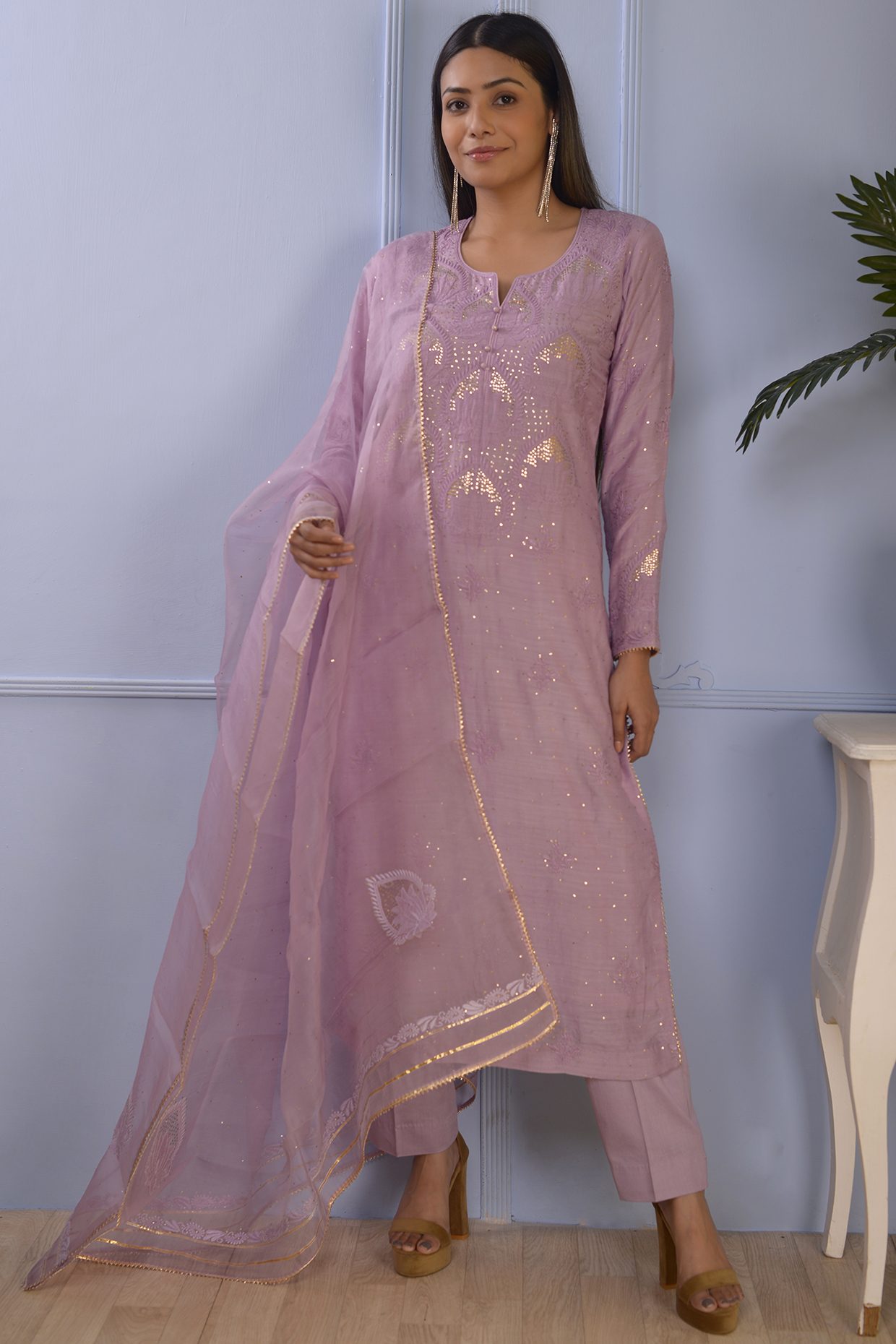 Lilac Cotton Silk Kurta Set by Abbaran