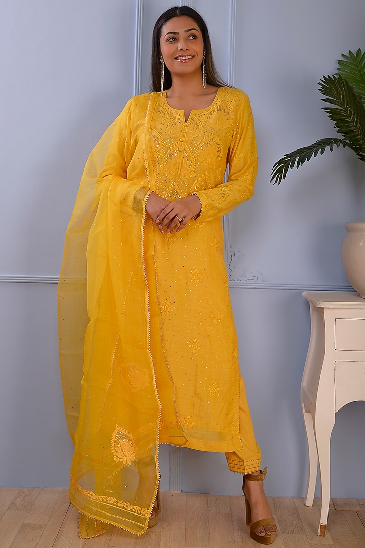 Mustard Yellow Cotton Silk Kurta Set by Abbaran at Pernia's Pop Up Shop