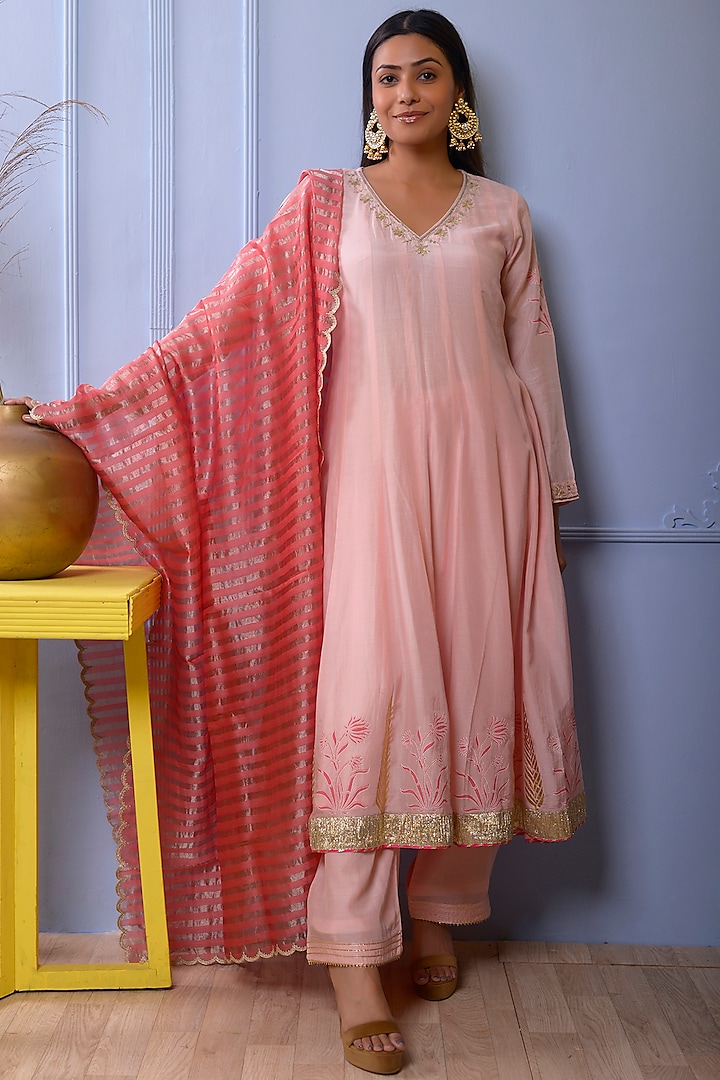 Baby Pink Printed Anarkali Set by Abbaran