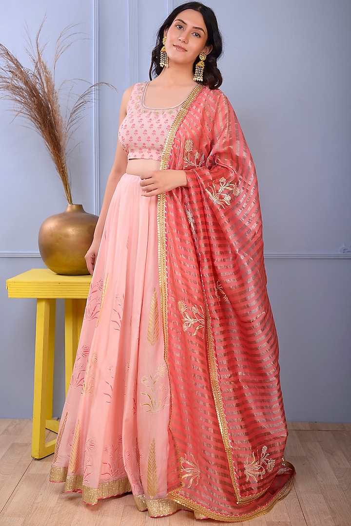 Pink Printed Lehenga Set by Abbaran