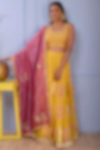 Mustard Yellow Printed Lehenga Set by Abbaran at Pernia's Pop Up Shop