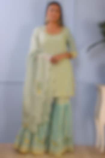 Sea Green Cotton Silk Foil Printed Gharara Set by Abbaran at Pernia's Pop Up Shop