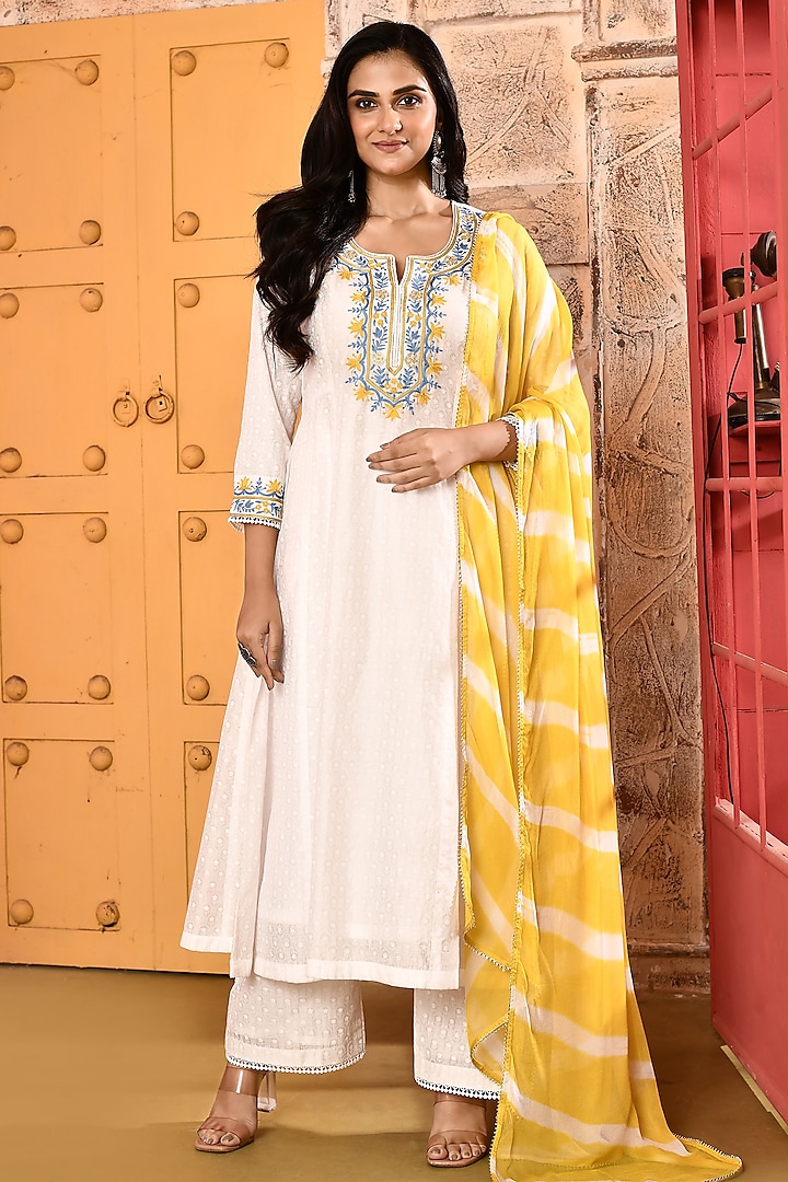 Ivory Chanderi Aari Embroidered A-Line Kurta Set by Abbaran at Pernia's Pop Up Shop