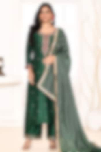 Emerald Green Cotton Silk Hand Embroidered Straight Kurta Set by Abbaran at Pernia's Pop Up Shop