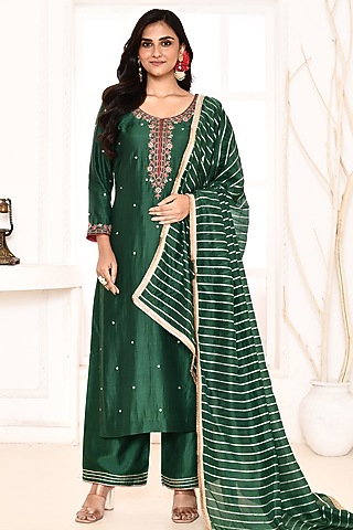 Emerald Green Cotton Silk Hand Embroidered Straight Kurta Set by Abbaran